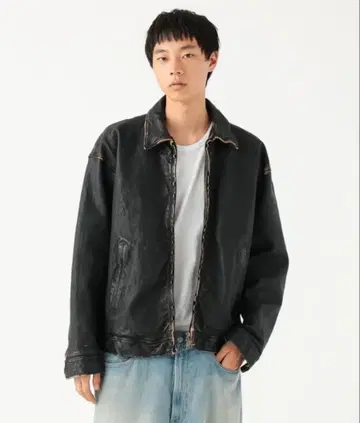 유즈드 가공 레더 지퍼 블루종