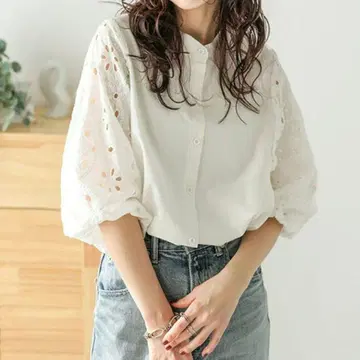 상의 블라우스 코튼 레이스 컷워크 퍼프 소매 자수 밴드 카라