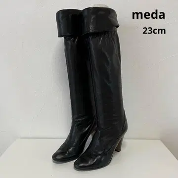 meda 블랙 가죽 니하이 부츠 23cm