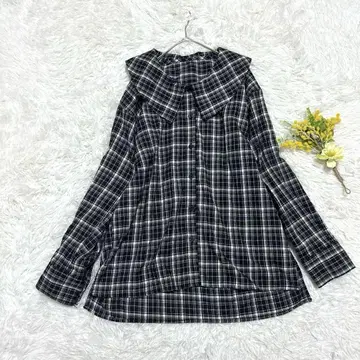 플란넬 셔츠 튜닉 둥근 카라 체크 무늬 오버 사이즈 긴팔 셔츠 블랙