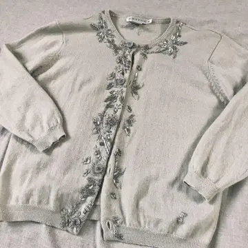 빈티지 7부 소매 울 라이트 그레이 비즈 자수 가디건