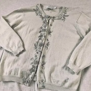 빈티지 7부 소매 울 라이트 그레이 비즈 자수 가디건