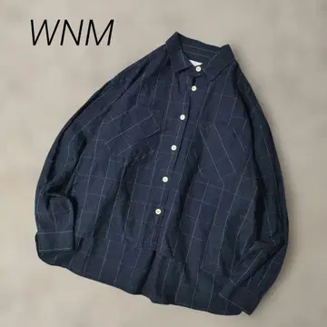 우먼 낫 멘 WNM 긴팔 체크 셔츠 면 린넨 네이비