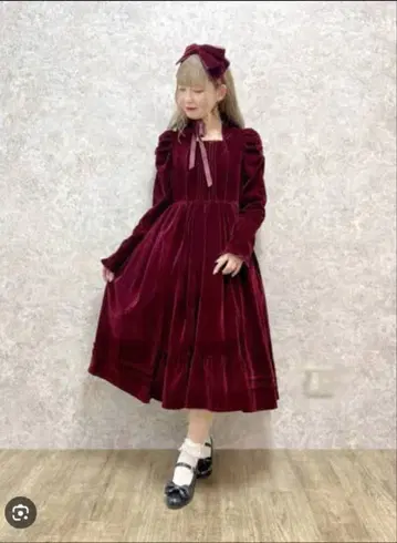 엑시즈팜 kawaii 버건디 벨벳 긴팔 원피스 벨로아