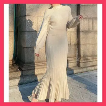 [ 완판템 ] RESEXXY 머메이드 니트 원피스 맥시 리본 베이지