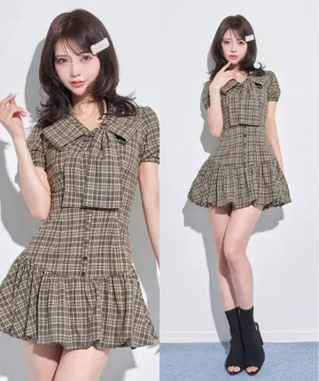 [ 새상품 ] Darich 빅 리본 벌룬 체크 미니 원피스