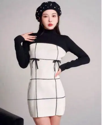 Darich 도킹 리본 디자인 니트 미니 원피스 아이보리