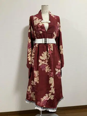 기모노 리메이크 빨간색 순수 실크 프릴 달린 밴딩 프리 사이즈