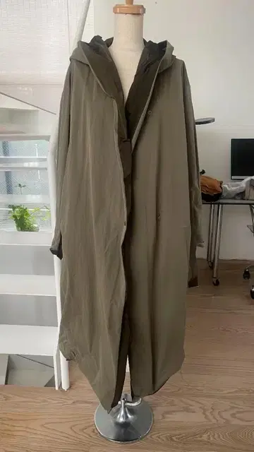 ZARA 코트 나일론 더블 페이스 후드 부착 롱 코트