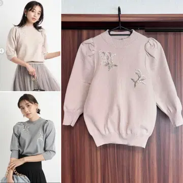 저스길리티 배색 비즈 자수 풀오버 핑크 베이지