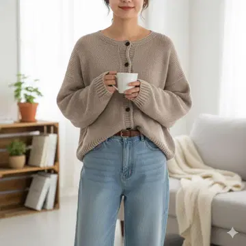 엘르마르 알파카 울 혼방 빅 루즈 가디건 볼레로 베이지 긴팔