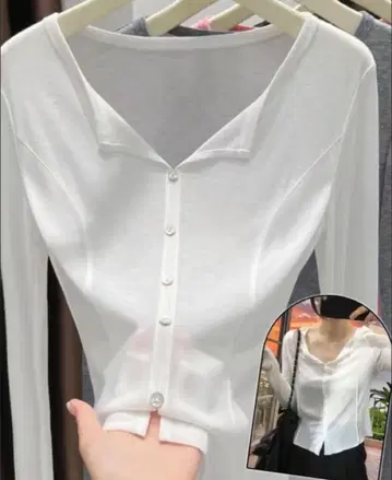 화이트 V넥 버튼 긴팔 티셔츠