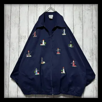 [ 자수 블루종 스윙탑 ] 80s 90s 탄력 해링턴 네이비 L~XL