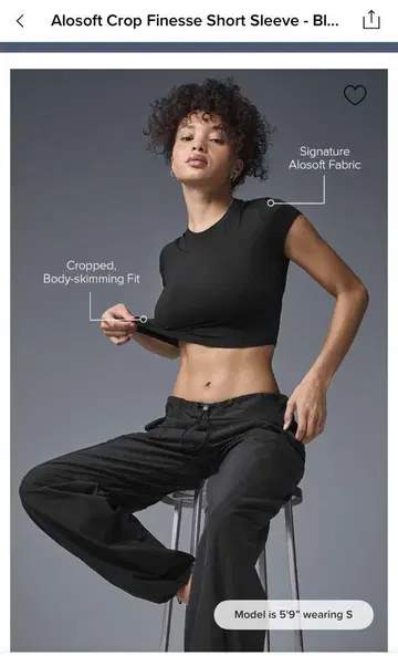 Alo Crop Finesse 쇼트 슬리브 블랙 L