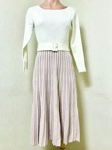 JUSGLITTY 니트 원피스 플리츠 S 핑크 벨트 포함