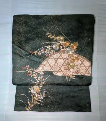 오비 다크 그린 꽃무늬 자수