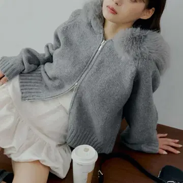 후드 퍼 W 지퍼 니트 가디건