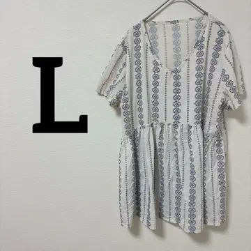 [ L ] 스트라이프 반팔 튜닉 V넥 보헤미안풍 에스닉