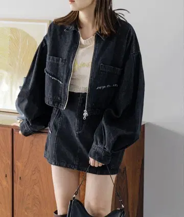 Kastane 데님 더블 ZIP 크롭 자켓 스커트 셋업