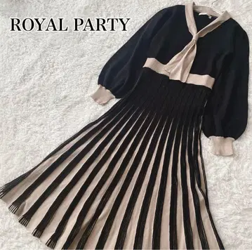 ROYAL PARTY 니트 플리츠 롱 원피스 리본 타이 페미닌