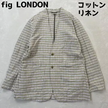 fig London 노카라 코튼 린넨 체크 자켓 베이지