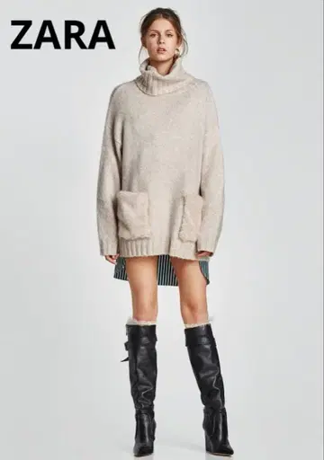 ZARA 자라 퍼 포켓 터틀넥 니트 M 사이즈 베이지 계열