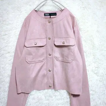 택 포함 새상품 스웨이드 ZARA 핑크 노카라 자켓 골드 버튼
