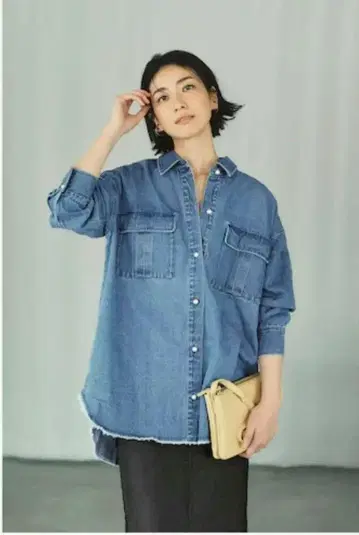 IEDIT 데님 셔츠 펄 단추 프린지 밑단 M 사이즈