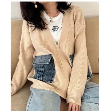 데님 포켓 지퍼 니트 가디건 베이지 에시카 esica frene