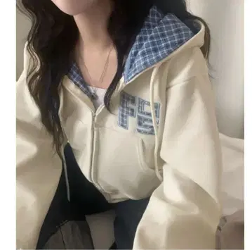 체크 무늬 후드 부착 지퍼 후드티 아이보리
