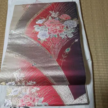 꽃무늬 자수 후쿠로 오비 빨간색 금색 보라색