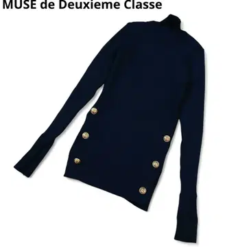 MUSE de Deuxieme Classe 네이비 리브 니트 골드 버튼