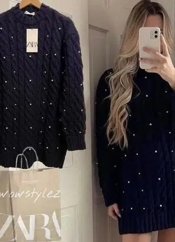 ZARA 네이비 케이블 니트 스웨터 긴팔 미니 기장