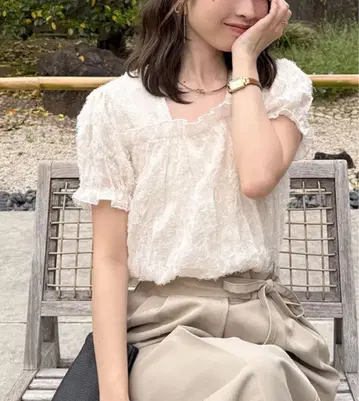 NUGU 누그 레이스 반팔 블라우스 상의 F 사이즈