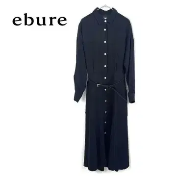 에부르 ebure 원피스 카라 부착 롱 벨트 포함 플레어 네이비