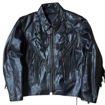 빈티지 프린지 가죽 자켓 천연 가죽 레이스업 블랙 카라 부착