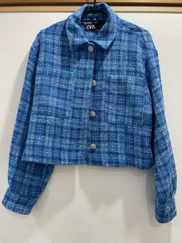 ZARA 트위드 체크 자켓 블루