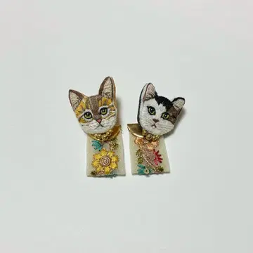 자수 고양이 귀걸이 아지메 삼색 고양이와 브라운 태비 화이트 2way