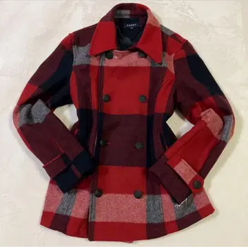TOMMY 피 코트 체크 자수 로고 긴팔 M 더블 브레스트 피 코트
