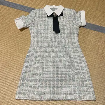 트위드풍 미니 원피스 반팔 카라 부착