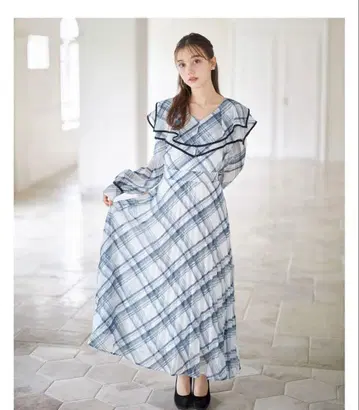 tocco closet 허리 리본 포함 빅 칼라 체크 플리츠 원피스