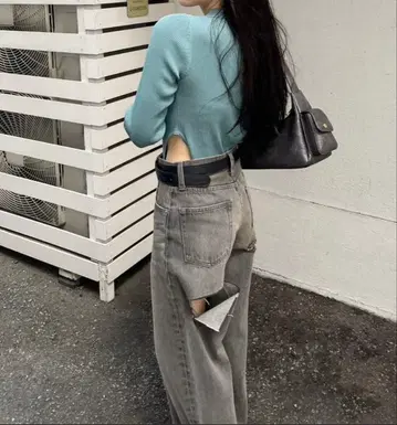 EVRIS 백 오버 슬래시 와이드 데님 팬츠