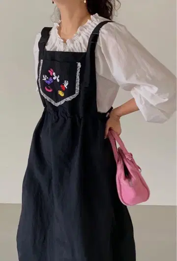 한국 디즈니 미키 미니 자수 프릴 살로펫 원피스 오버롤 스커트