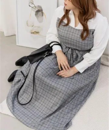 쿠레트 미사용 택 포함 그레이 계열 체크 도킹 원피스 3L