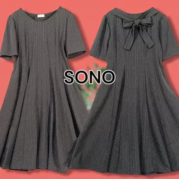 SONO 소노 반팔 플레어 원피스 백리본 그레이 핀스트라이프