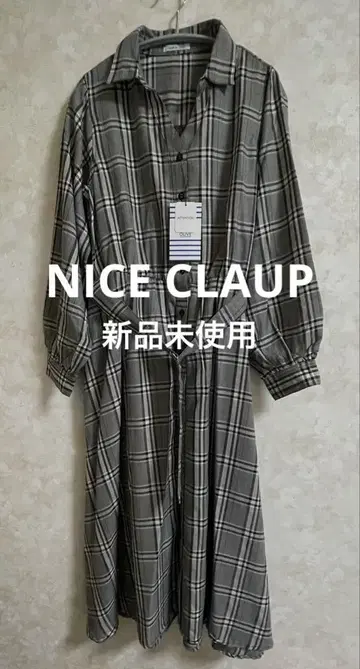 새상품 NICE CLAUP 체크 프론트 버튼 벨트 원피스