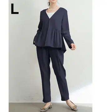 여성용 팬츠 수트 페플럼 긴팔 셋업 블랙 L