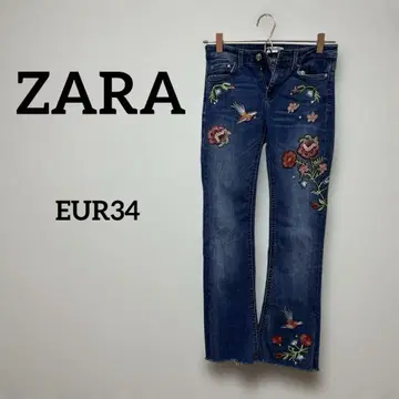 ZARA [ EUR34 ] 자수 데님 팬츠 꽃 개성 귀여운