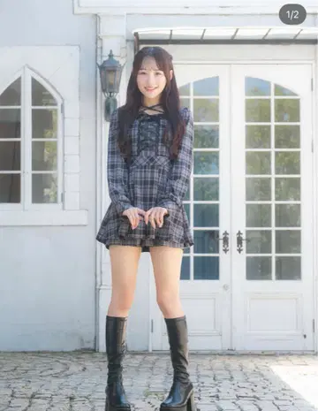 에블린 프론트 리본 체크 올인원