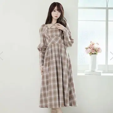 Rose Muse 체크 박스 터크 드레스 [ brown ]